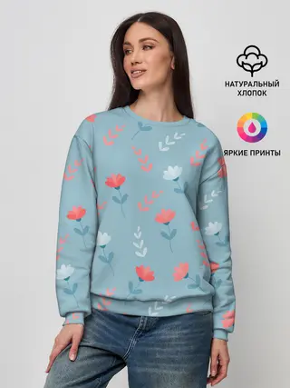 Женский свитшот / Цветочки и листики на голубом