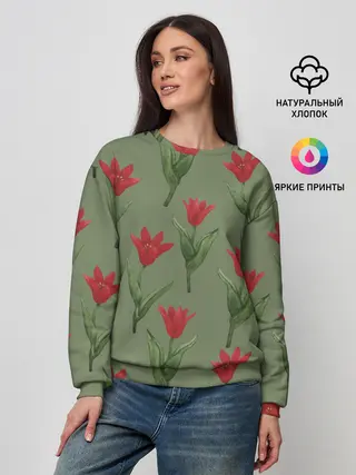 Женский свитшот / Красные тюльпаны на зеленом