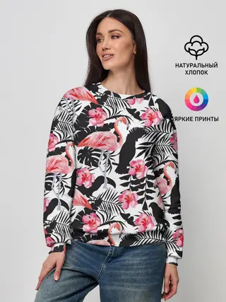 Женский свитшот / фламинго и попугаи