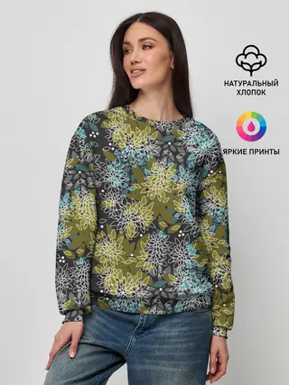 Женский свитшот / Черно оливковый цветочный