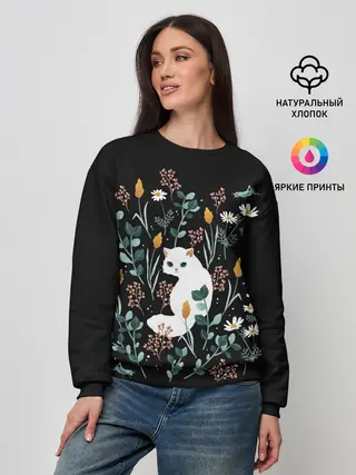 Женский свитшот / Кошечка среди цветов