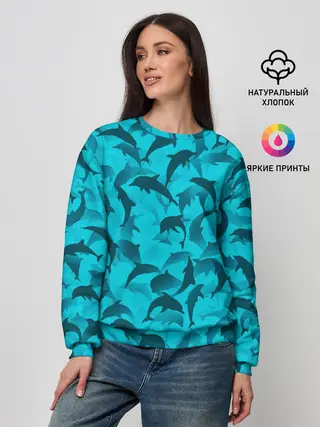 Женский свитшот / Синий камуфляж с дельфинами