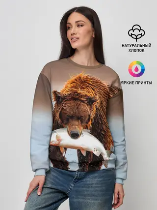Женский свитшот / Медведь с рыбой во рту