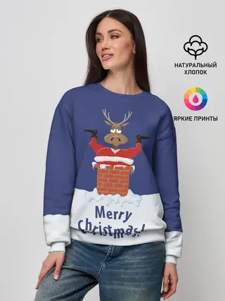 Женский свитшот / Санта в трубе с Оленем