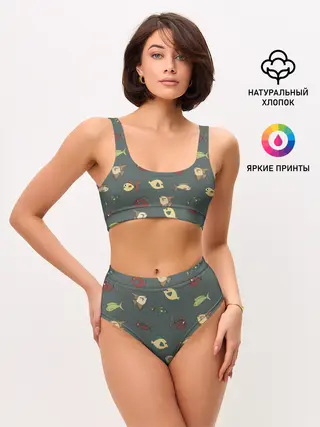 Женские топ и трусы / Морские рыбки на зеленом фоне