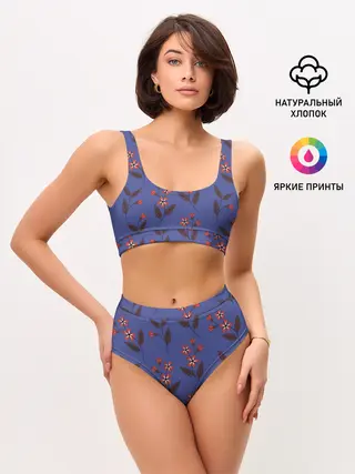 Женские топ и трусы / Цветы на синем фоне
