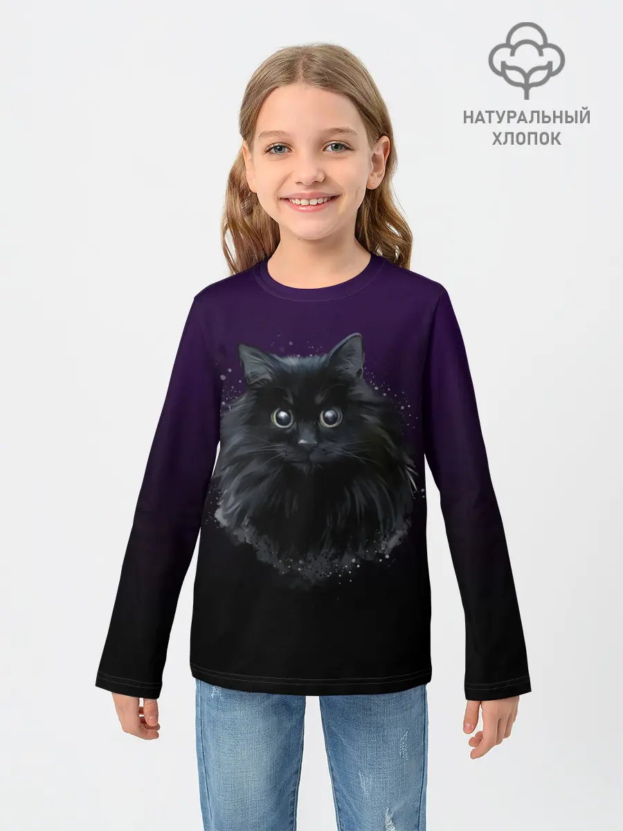 Детский лонгслив / черный кот на фиолетовом фоне