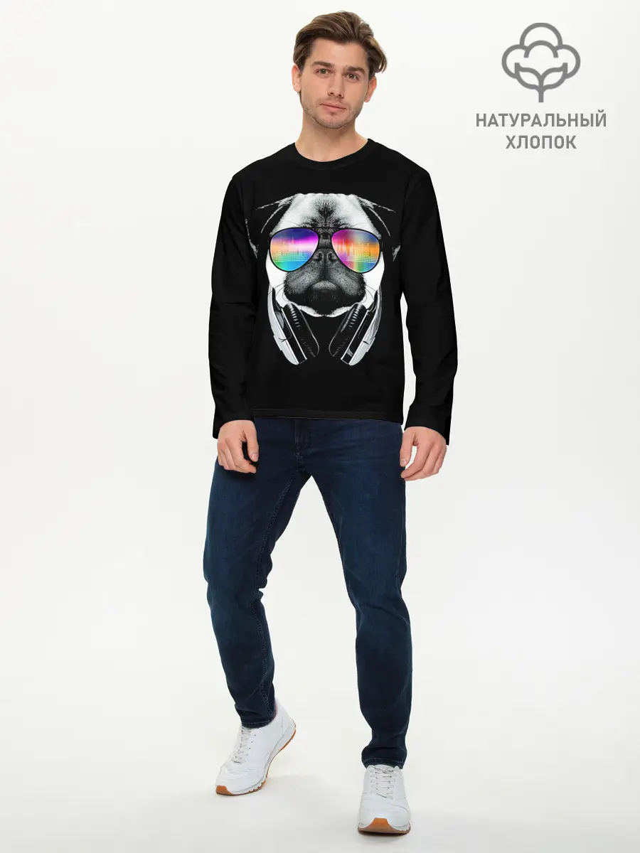 Мужской лонгслив базовый / Мопс в наушниках (P007_P004ooo1576379, P004ooo1576379)