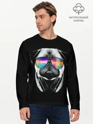 Мужской лонгслив базовый / Мопс в наушниках (P007_P004ooo1576379, P004ooo1576379)