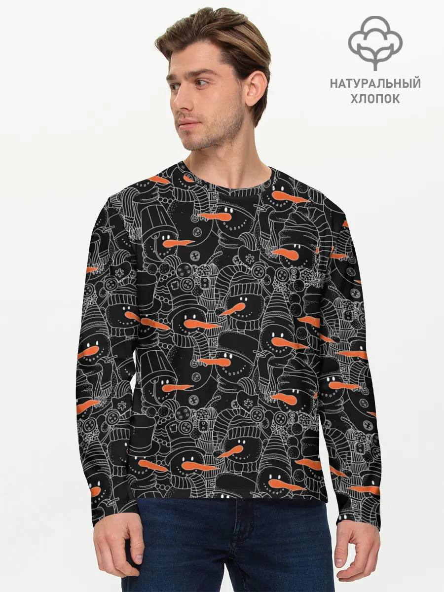 Мужской лонгслив базовый / Черные снеговики (P007_P004ooo1626633, P004ooo1626633)