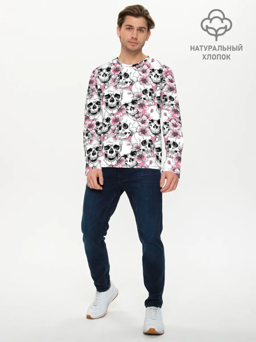 Мужской лонгслив базовый / Черепа в цветах (P007_P004ooo1741675, P004ooo1741675)