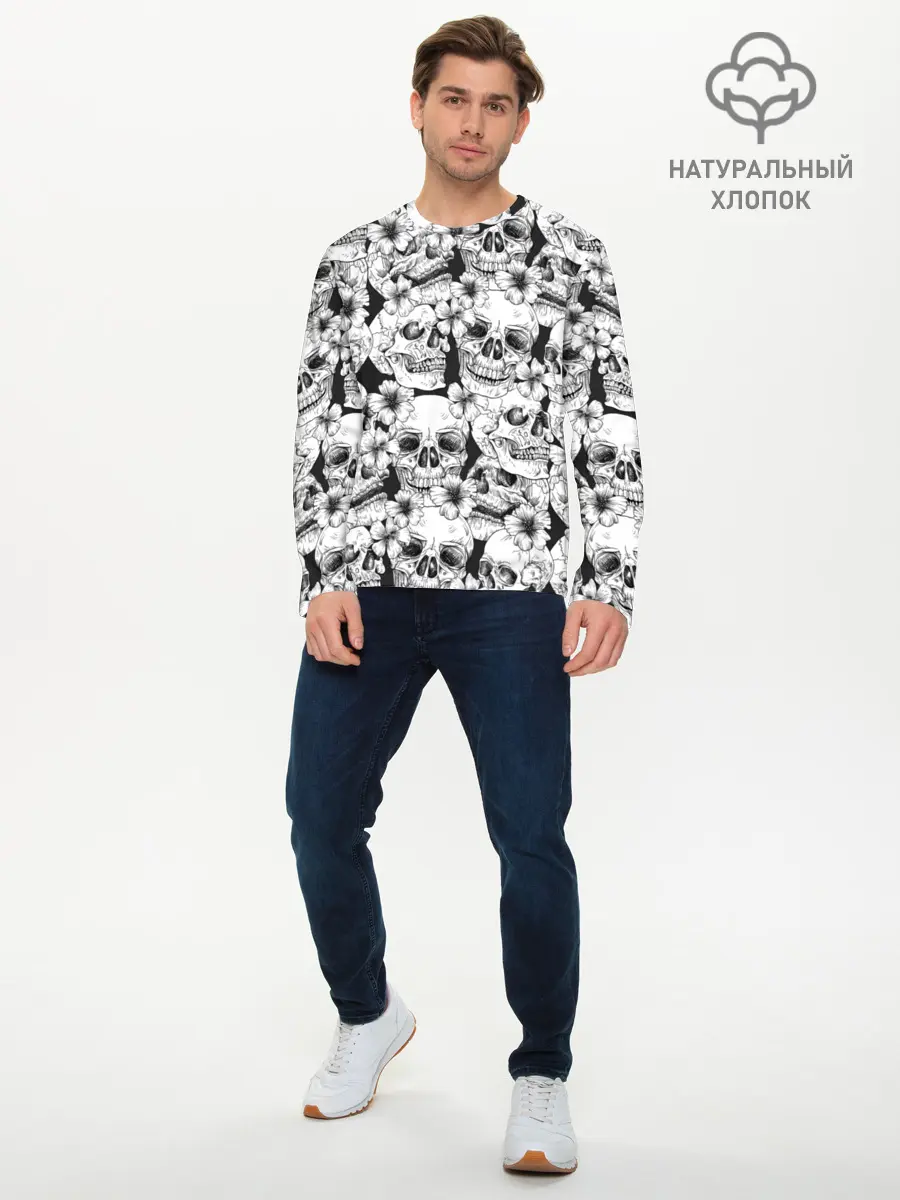 Мужской лонгслив базовый / Черепа в цветах (P007_P004ooo1747765, P004ooo1747765)