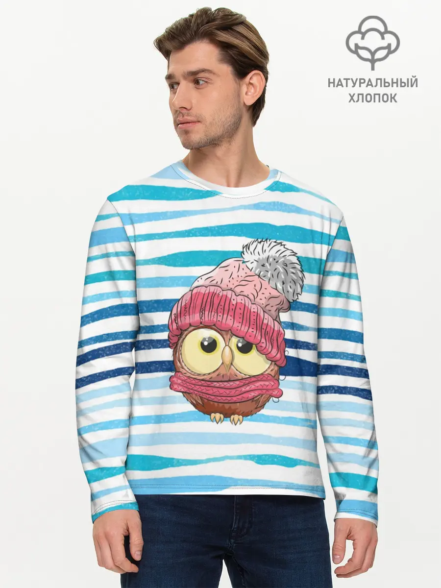 Мужской лонгслив базовый / Сова в шапке (P007_P004ooo1752731, P004ooo1752731)