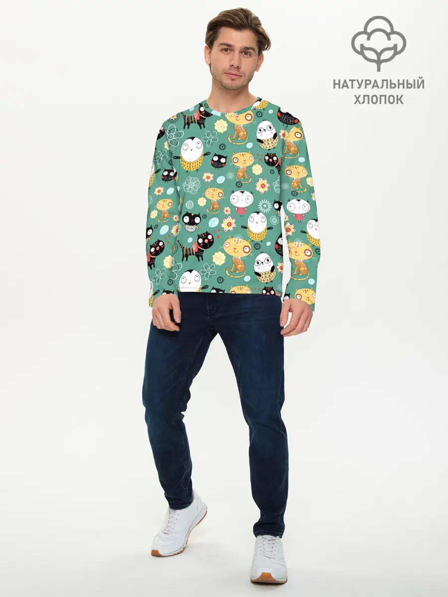 Мужской лонгслив базовый / Совы и котики (P007_P004ooo1756783, P004ooo1756783)