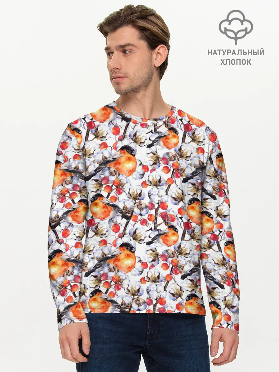 Мужской лонгслив базовый / Снегири (P007_P004ooo1777515, P004ooo1777515)