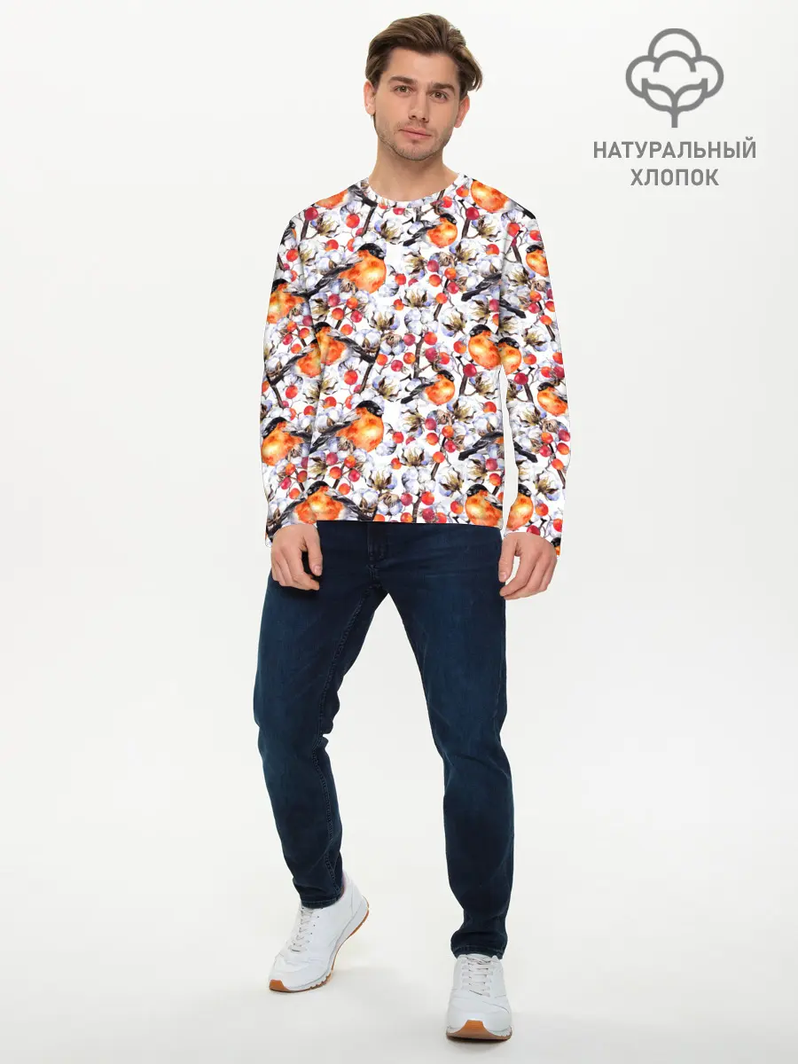 Мужской лонгслив базовый / Снегири (P007_P004ooo1777515, P004ooo1777515)