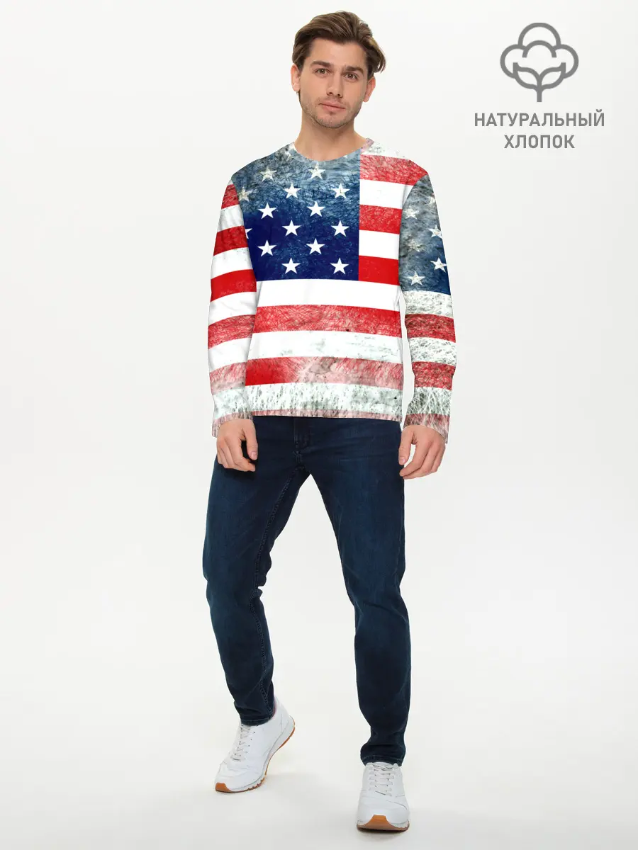 Мужской лонгслив базовый / Америка Флаг (P007_P004ooo1781717, P004ooo1781717)