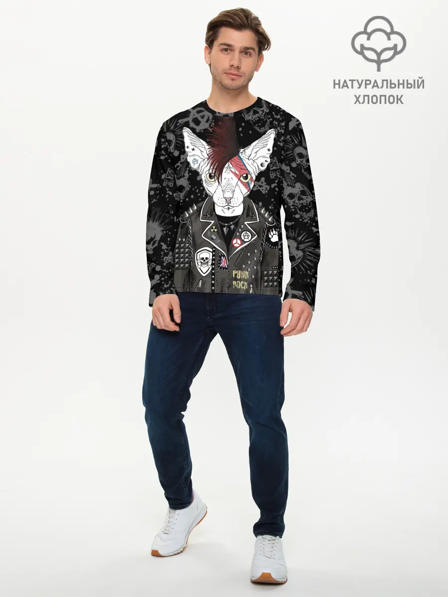 Мужской лонгслив базовый / Кот в косухе (P007_P004ooo1802911, P004ooo1802911)