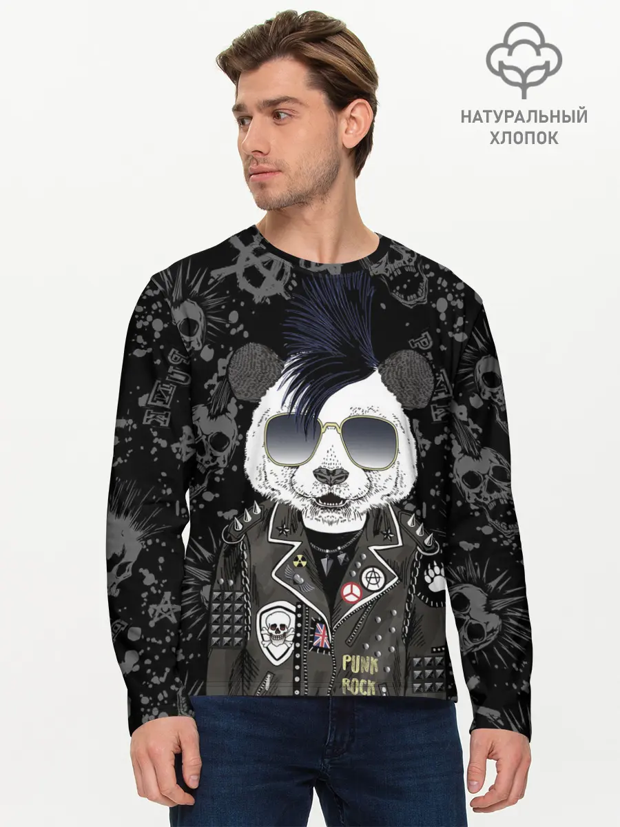 Мужской лонгслив базовый / Панда в косухе (P007_P004ooo1802917, P004ooo1802917)