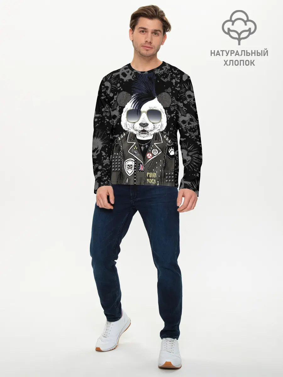 Мужской лонгслив базовый / Панда в косухе (P007_P004ooo1802917, P004ooo1802917)