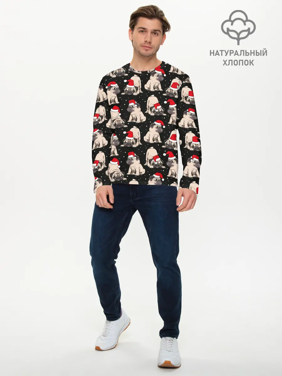 Мужской лонгслив базовый / Новогодние мопсы (P007_P004ooo1806445, P004ooo1806445)