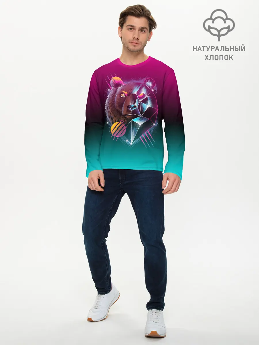 Мужской лонгслив базовый / RETRO CYBER BEAR NEON (P007_P004ooo1921921, P004ooo1921921)