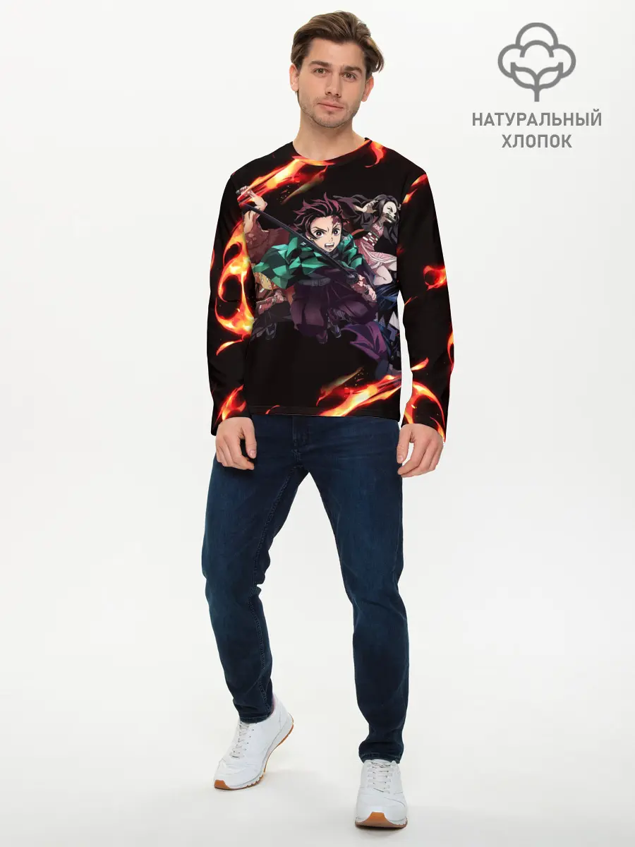 Мужской лонгслив базовый / Kimetsu no Yaiba пламенный узор (P007_P004ooo2036479, P004ooo2036479)