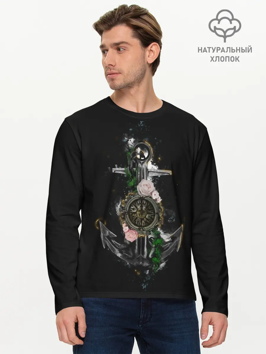 Мужской лонгслив базовый / якорь с компасом и цветами (P007_P004ooo2055629, P004ooo2055629)