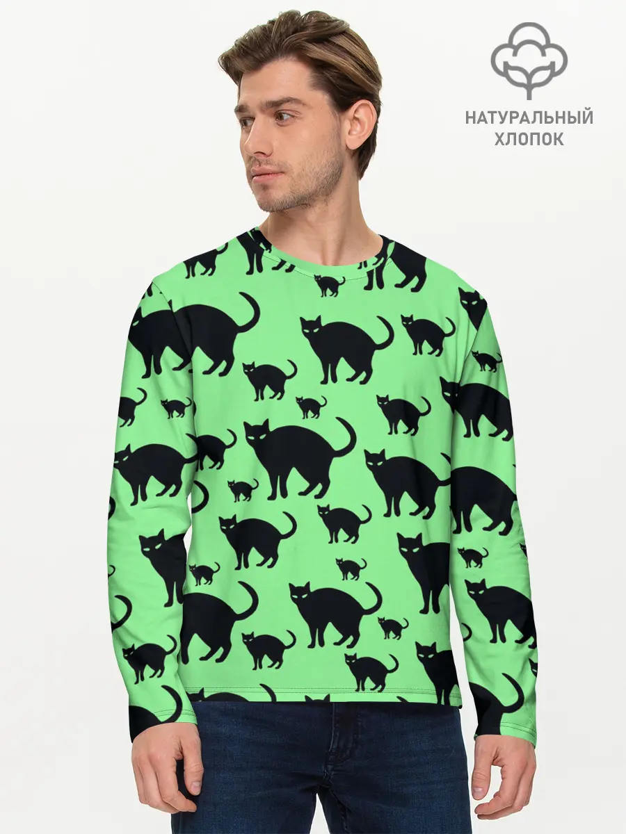 Мужской лонгслив базовый / Кошки черные (P007_P004ooo2072161, P004ooo2072161)