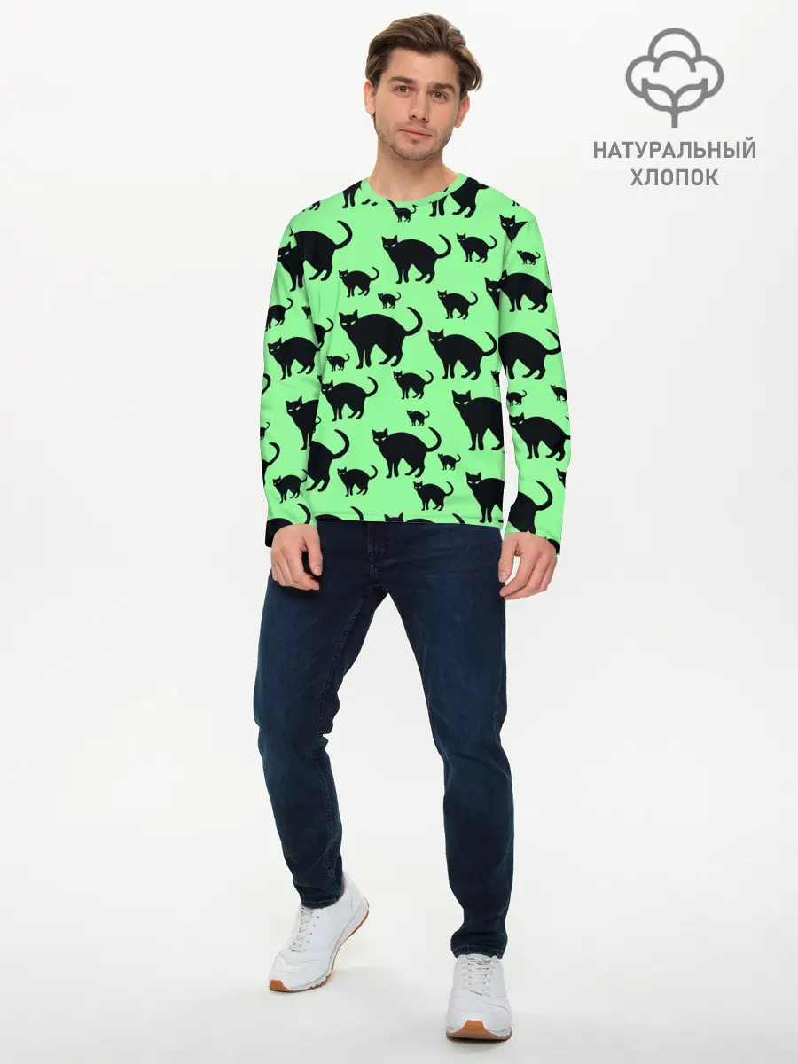 Мужской лонгслив базовый / Кошки черные (P007_P004ooo2072161, P004ooo2072161)