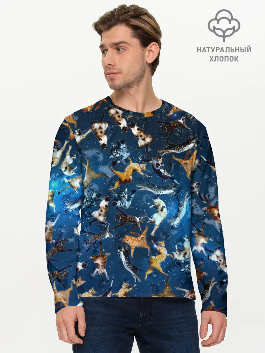 Мужской лонгслив базовый / Космические коты (P007_P004ooo2089297, P004ooo2089297)
