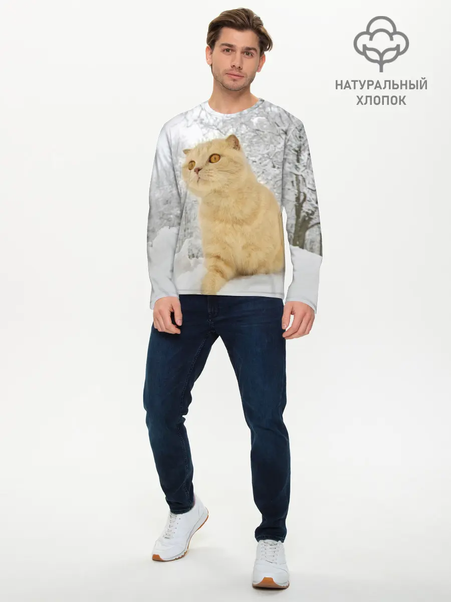 Мужской лонгслив базовый / Кот и снег (P007_P004ooo2695151, P004ooo2695151)