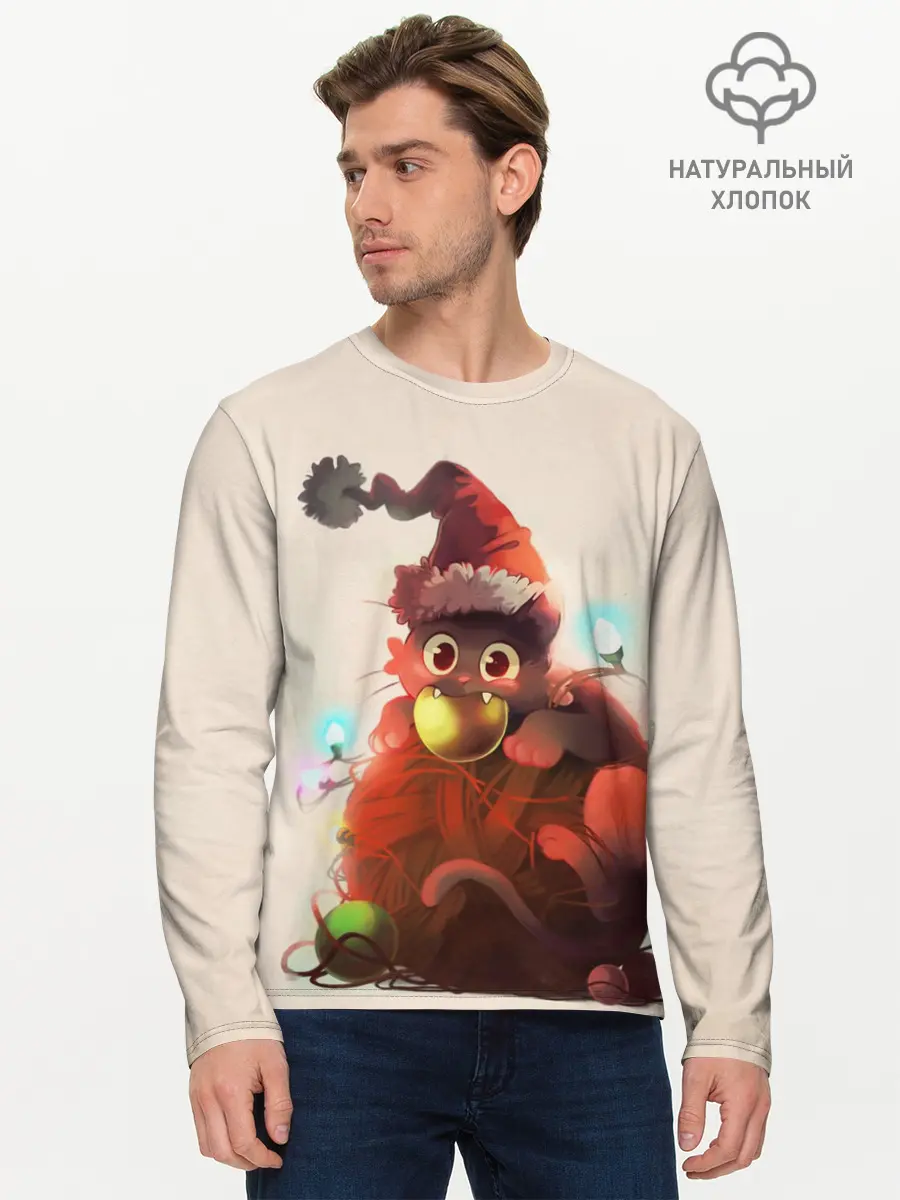 Мужской лонгслив базовый / Новогодний кот (P007_P004ooo2728859, P004ooo2728859)