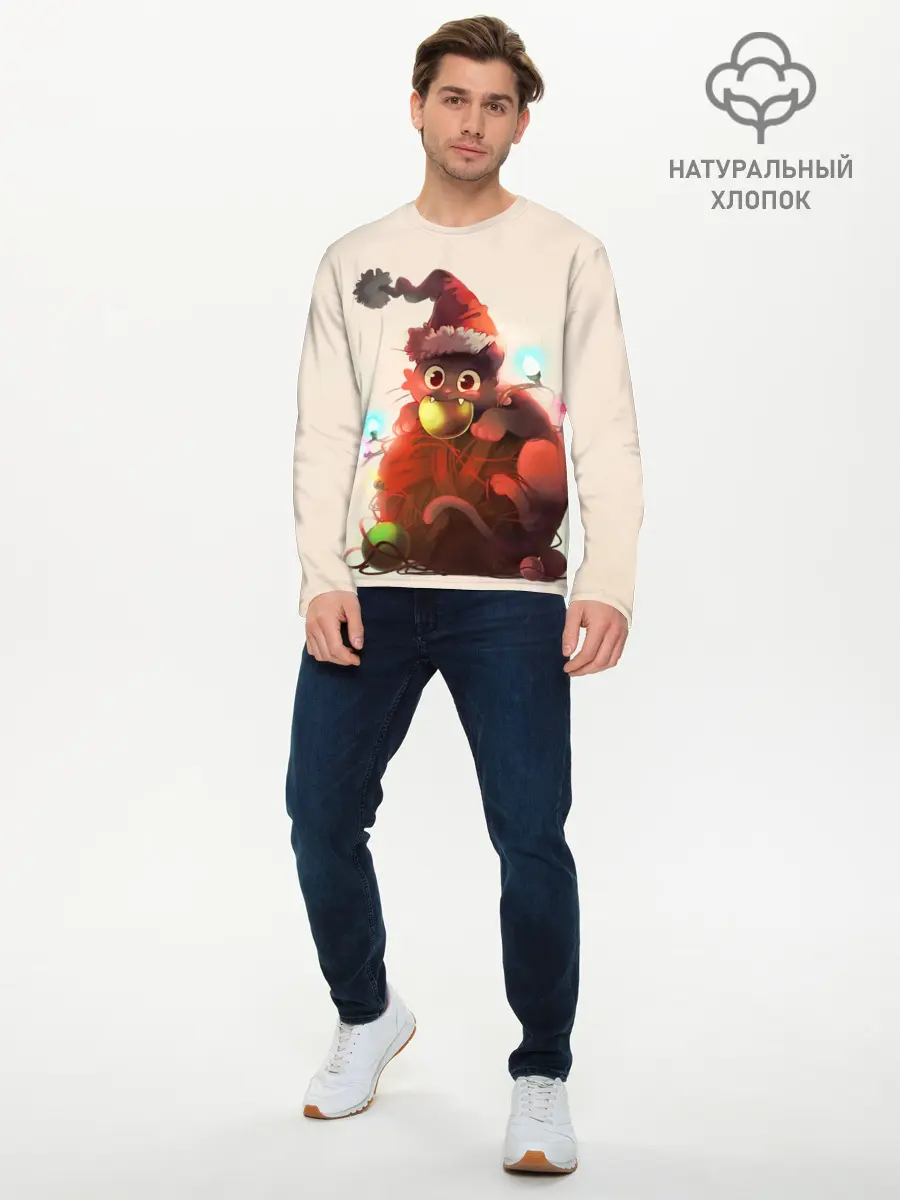 Мужской лонгслив базовый / Новогодний кот (P007_P004ooo2728859, P004ooo2728859)