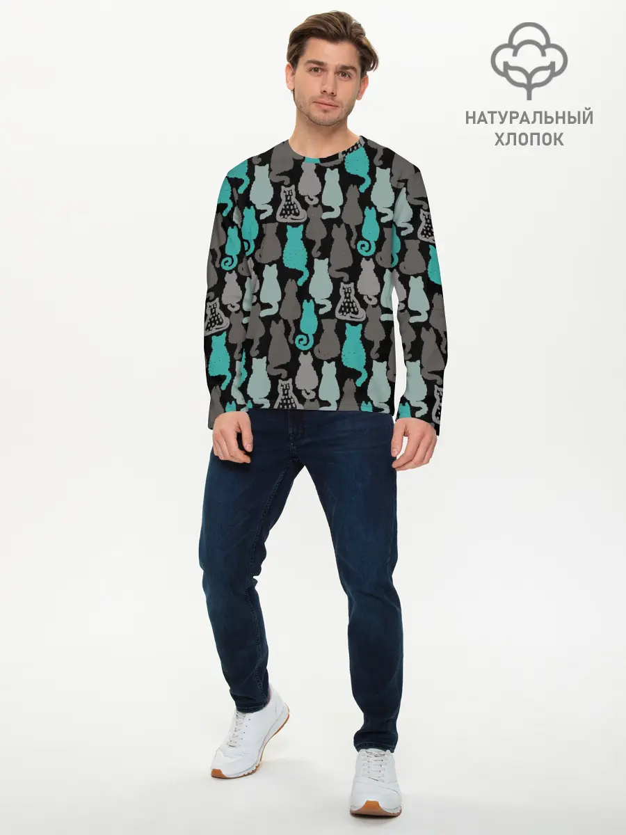 Мужской лонгслив базовый / Коты паттерн (P007_P004ooo2730211, P004ooo2730211)