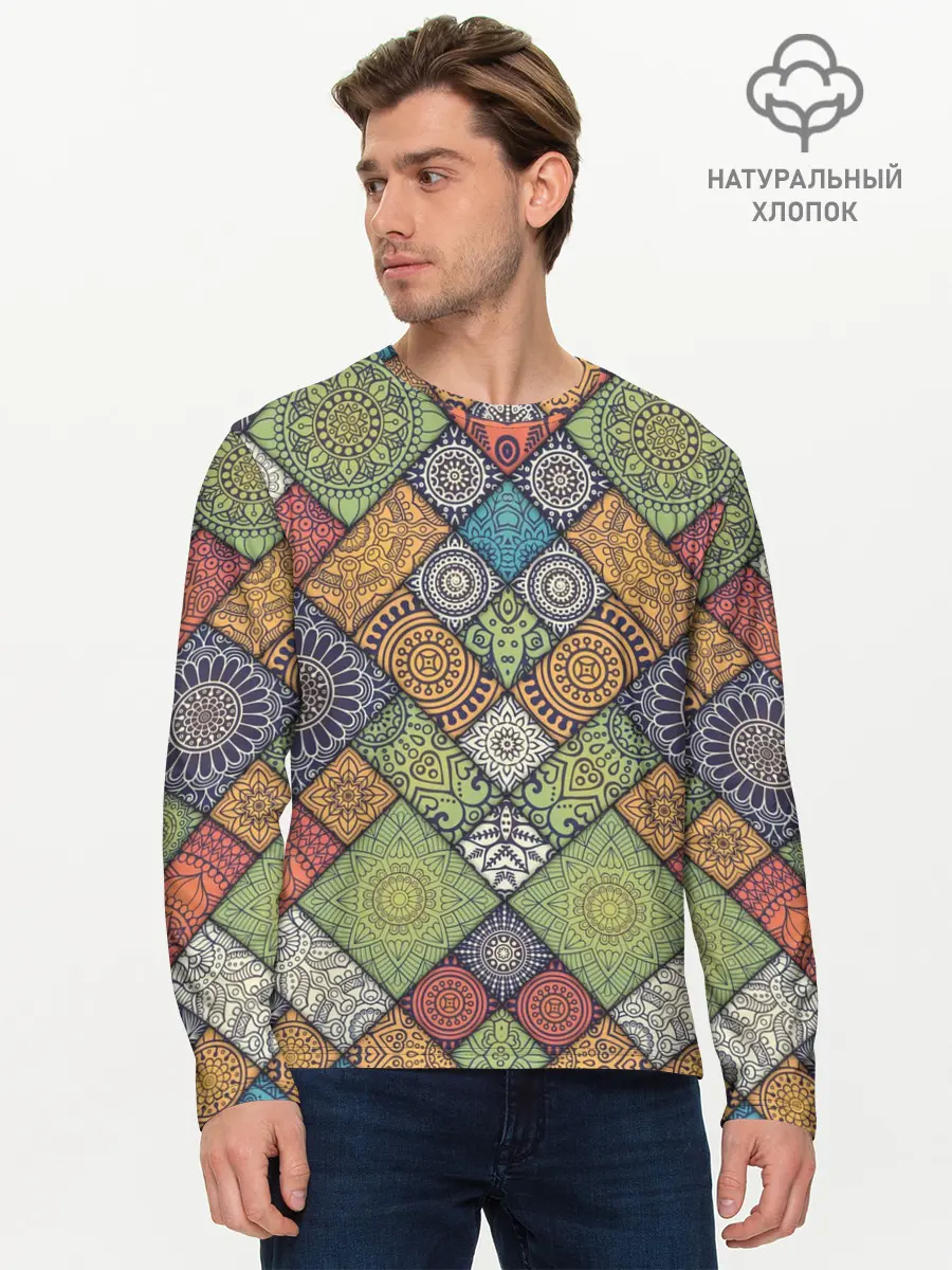 Мужской лонгслив базовый / Мандалы лоскутный печворк (P007_P004ooo2735207, P004ooo2735207)
