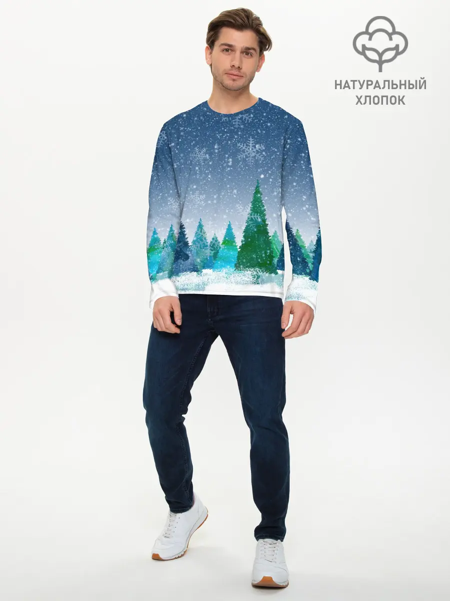 Мужской лонгслив базовый / Снежинки в лесу (P007_P004ooo2797057, P004ooo2797057)