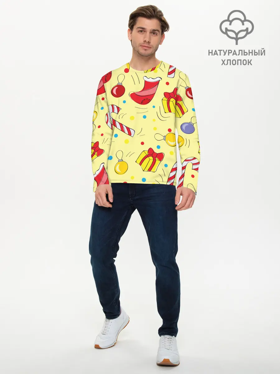 Мужской лонгслив базовый / Новогодний узор на желтом фоне (P007_P004ooo2801307, P004ooo2801307)