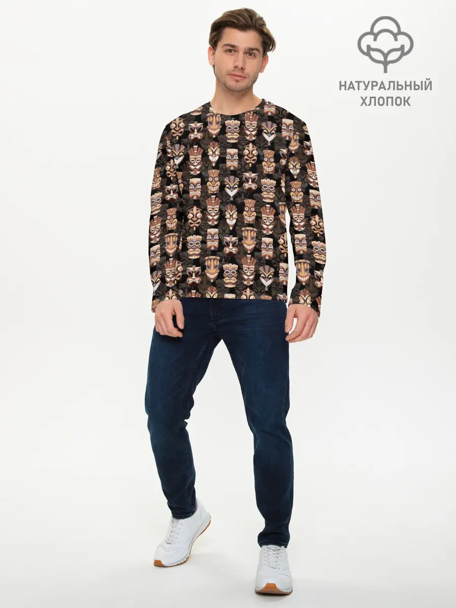 Мужской лонгслив базовый / МАСКИ ТИКИ ГАВАЙИ ПАТТЕРН (P007_P004ooo2922033, P004ooo2922033)