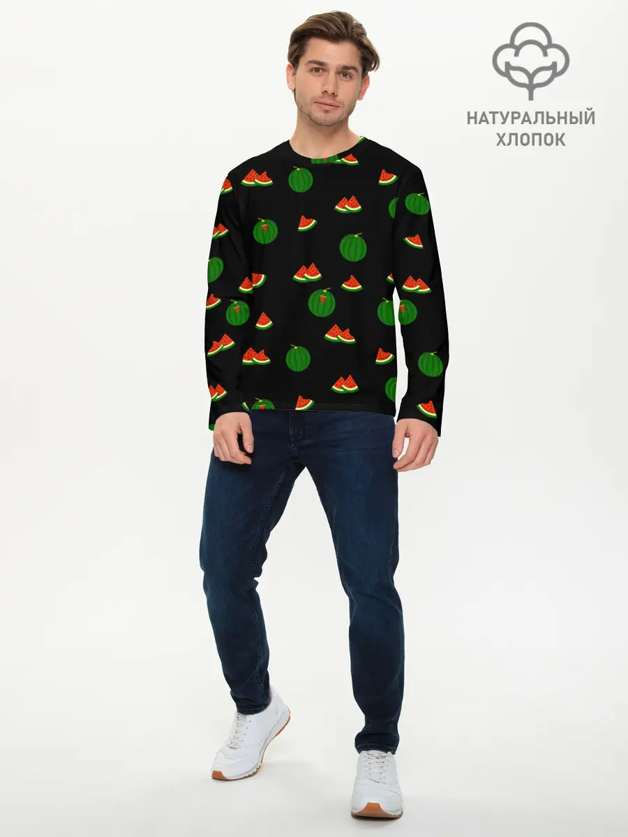 Мужской лонгслив базовый / Арбуз на черном фоне (P007_P004ooo2924755, P004ooo2924755)