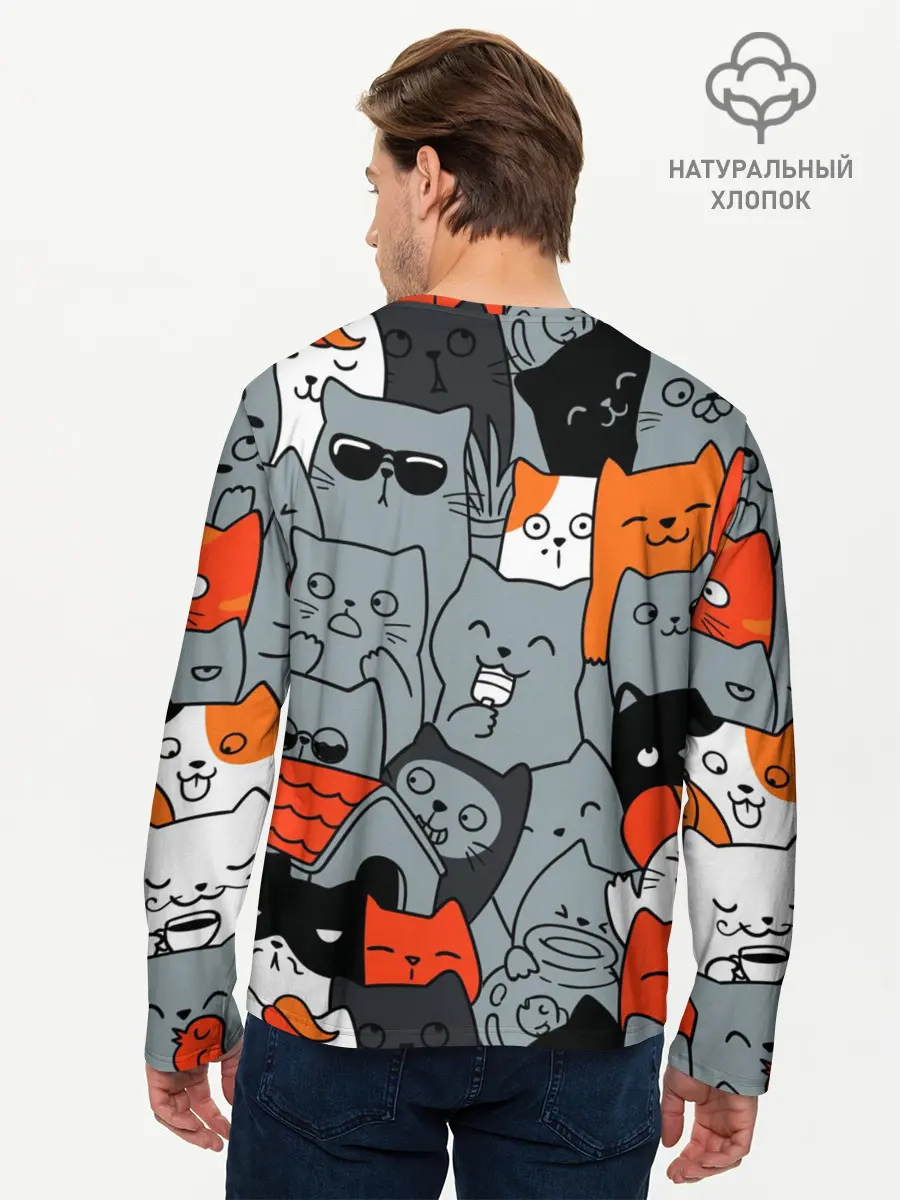 Мужской лонгслив базовый / Разноцветные коты (P007_P004ooo2929301, P004ooo2929301)