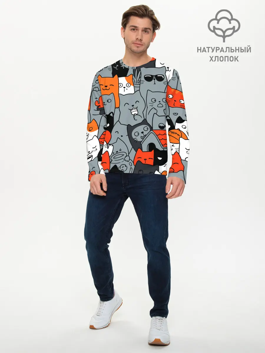 Мужской лонгслив базовый / Разноцветные коты (P007_P004ooo2929301, P004ooo2929301)