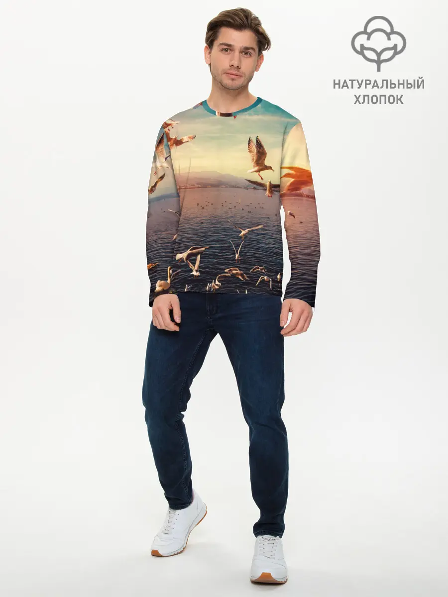 Мужской лонгслив базовый / Чайки на воде (P007_P004ooo2932007, P004ooo2932007)