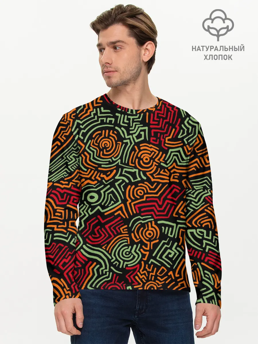 Мужской лонгслив базовый / абстрактный узор линии (P007_P004ooo2951951, P004ooo2951951)