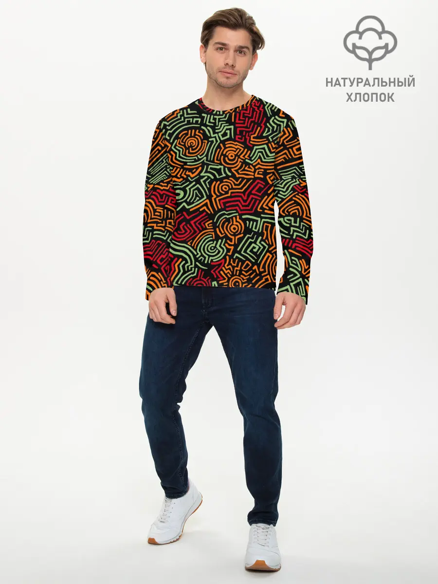 Мужской лонгслив базовый / абстрактный узор линии (P007_P004ooo2951951, P004ooo2951951)