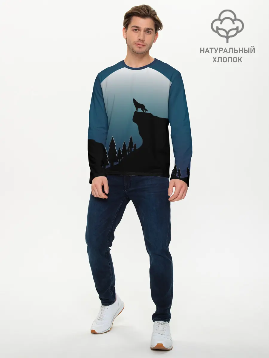 Мужской лонгслив базовый / ВОЛК И ЛУНА 3D (P007_P004ooo2955031, P004ooo2955031)