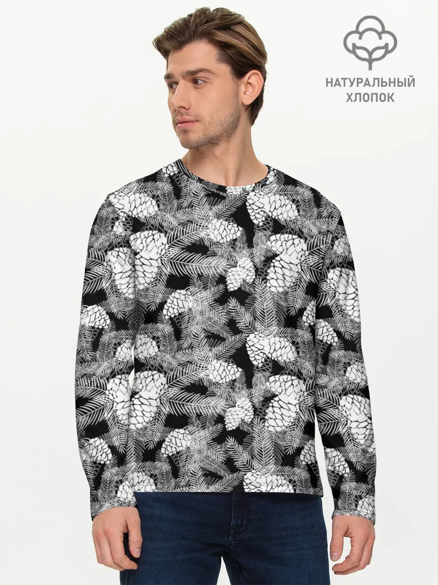 Мужской лонгслив базовый / Черно-белый узор шишки (P007_P004ooo2985953, P004ooo2985953)