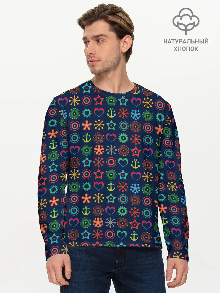 Мужской лонгслив базовый / Морской разноцветный узор (P007_P004ooo2987887, P004ooo2987887)