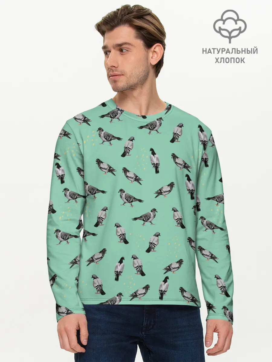 Мужской лонгслив базовый / Голуби на зеленом (P007_P004ooo2987989, P004ooo2987989)