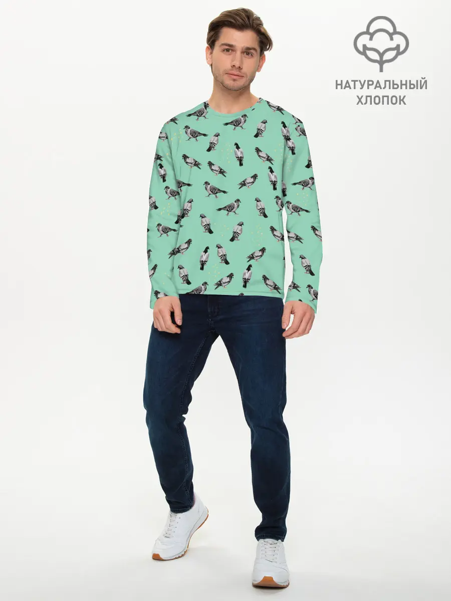 Мужской лонгслив базовый / Голуби на зеленом (P007_P004ooo2987989, P004ooo2987989)